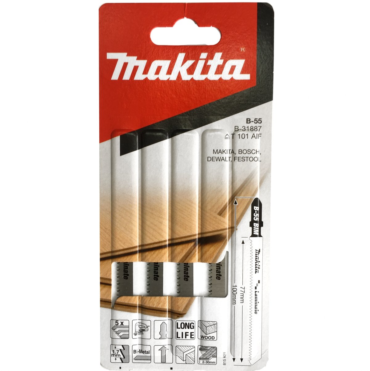 Пилки Makita для лобзика B-31887 ( 5шт, BIM, 100х1,7мм, д/дер,ламината)