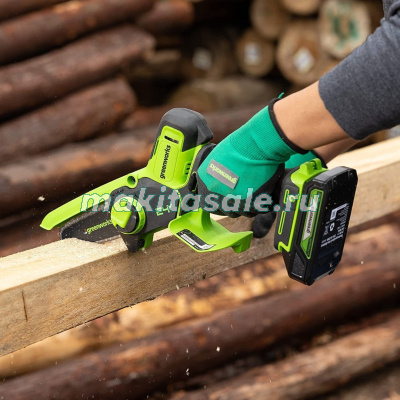 Цепная мини пила аккумуляторная Greenworks G24MCS10, 24V, 10см, c 1хАКБ 4Ач и ЗУ