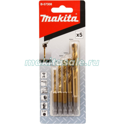 Набор свёрл Makita HSS-Tin 1/4" 5шт (B-57308)