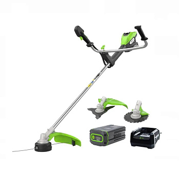 Триммер аккумуляторный Greenworks TB201H, 82V, 2,0 кВт, 46 см, c трехлопастным ножом и кусторезом, бесщеточный, с 1хАКБ 8 Ач и ЗУ