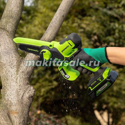 Цепная мини пила аккумуляторная Greenworks G24MCS10, 24V, 10см, c 1хАКБ 4Ач и ЗУ