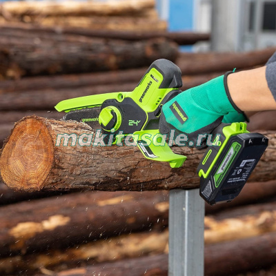 Цепная мини пила аккумуляторная Greenworks G24MCS10, 24V, 10см, c 1хАКБ 4Ач и ЗУ