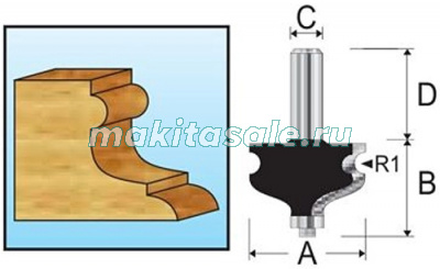 Кромочная многопрофильная фигурная фреза Макита 44.45х28.6х12х38 R3.18 (D-11754)